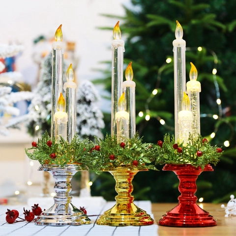 Weihnachten LED Kandelaber Set 3-Stufig Elektronische Wasser Glitzer Kerzen Mit Künstlichem Weihnachtskranz Für Tischdeko