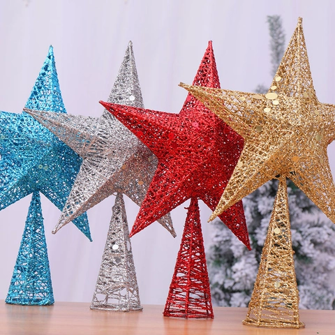 Cime de Sapin de Noël Étoile en Fer Pailletée Pentagramme Creux Ornement Debout pour Décoration de Scène de Fête