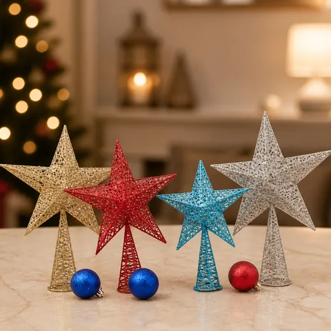 Cime de Sapin de Noël Étoile en Fer Pailletée Pentagramme Creux Ornement Debout pour Décoration de Scène de Fête