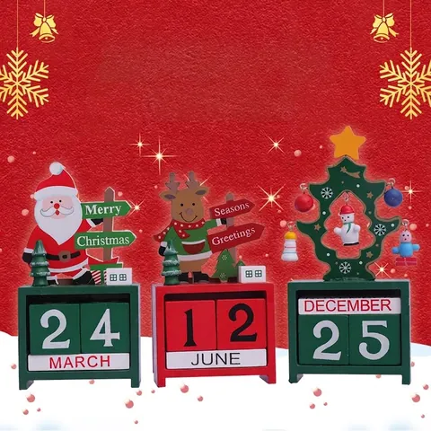 Calendrier Perpétuel en Bois de Noël Père Noël Renne Bonhomme de Neige Calendrier à Blocs Décoration de Table Maison Bureau