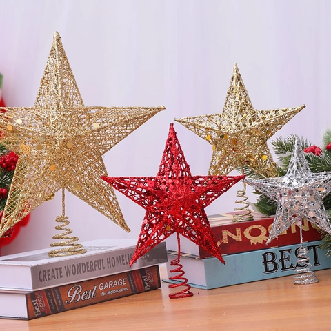 Étoile De Sommet De Sapin De Noël Fer Paillettes Creux Étoile À Cinq Branches Décoration De Vacances Avec Base En Spirale