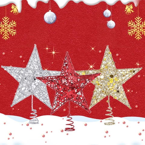 Étoile De Sommet De Sapin De Noël Fer Paillettes Creux Étoile À Cinq Branches Décoration De Vacances Avec Base En Spirale