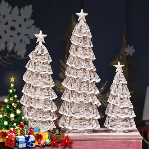 Albero di Natale a LED in Maglia di Ferro Ornamento da Tavolo Glitter Luminoso a Forma di Torre Decorazione con Stella per Festa Casa