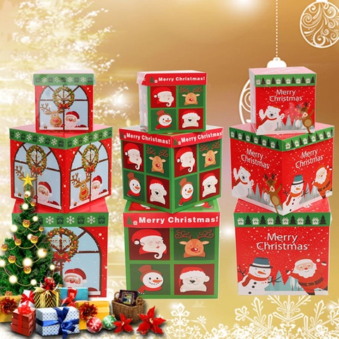 Christmas Square Paper Gift Packaging Decoration With Santa Claus Snowman Reindeer Pattern Red Green Holiday Home Ornament