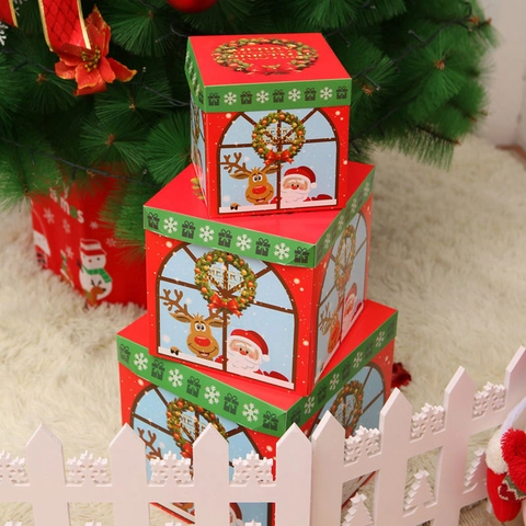 Christmas Square Paper Gift Packaging Decoration With Santa Claus Snowman Reindeer Pattern Red Green Holiday Home Ornament