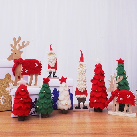 Mini Wooden Wool Felt Christmas Tree Santa Reindeer Desktop Ornaments For Home Office Holiday Tabletop Decor Gift Ornaments