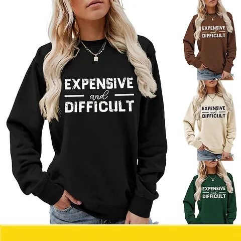 Damen Casual Rundhals Langarm Sweatshirt Buchstaben-Druck Lockere Passform Baumwollmischung Pullover Top Für Den Alltag