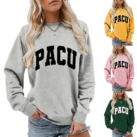 Damen Rundhals Sweatshirt Baumwollmischung Langarm Casual PACU Buchstaben Druck Drop Shoulder Pullover