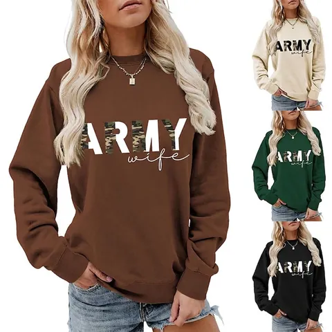 Sweat-Shirt Oversize Femme À Manches Longues Et Col Rond Mélange De Coton ARMY Wife Imprimé Lettres Camouflage Pull