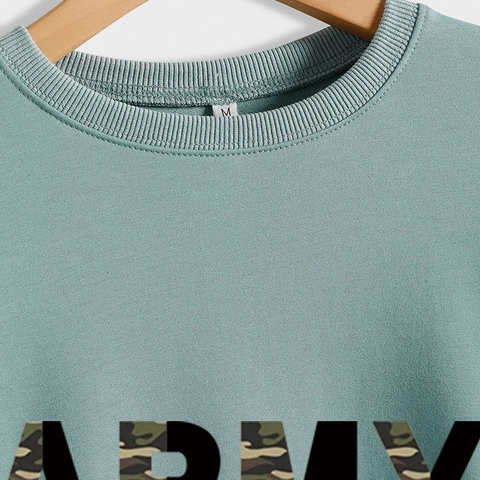 Sweat-Shirt Oversize Femme À Manches Longues Et Col Rond Mélange De Coton ARMY Wife Imprimé Lettres Camouflage Pull