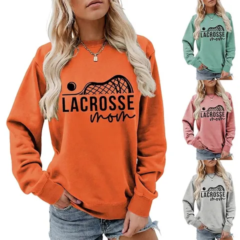 Women Casual Lacrosse Mom Print Sweatshirt Round Neck Long Sleeve Cotton Blend Sporty Pullover Top For Daily Wear