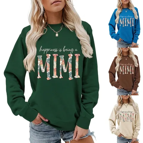 Women Sweatshirt Happiness Is Being A Mimi Floral Letter Print Round Neck Long Sleeve Casual Pullover Top