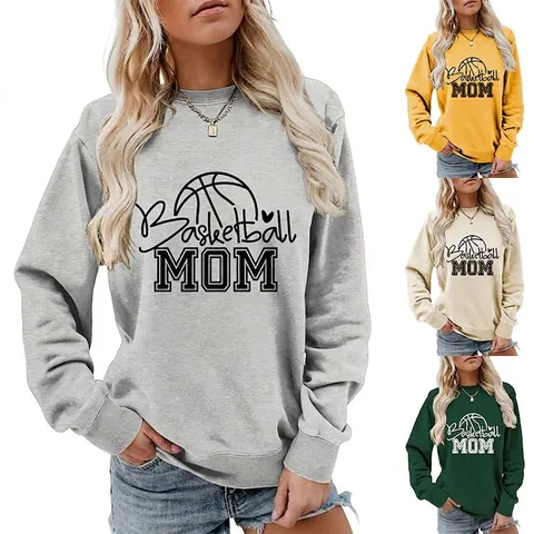 Felpa Basketball Mom Girocollo Manica Lunga Stampa Grafica Misto Cotone Poliestere Casual Vestibilità Comoda Donna Pullover