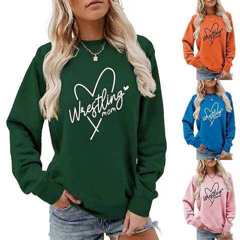 Wrestling Mom Heart Graphic Sweatshirt Cotton Blend Long Sleeve Round Neck Casual Loose Pullover Athletic Top For Women
