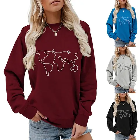 Sweat-shirt Col Rond Femme Imprimé Carte du Monde et Avion Haut Pullover Manches Longues Mélange de Coton Casual Voyage