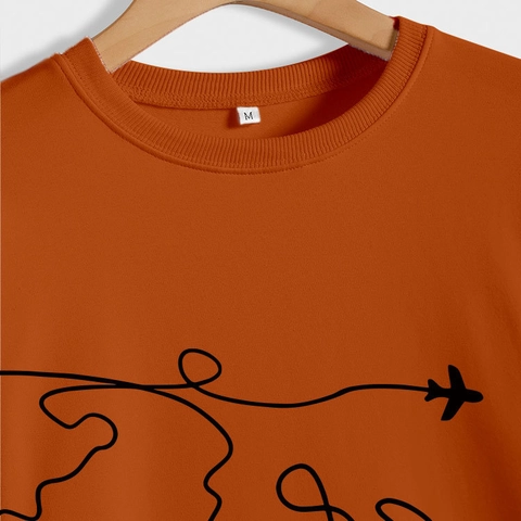 Sweat-shirt Col Rond Femme Imprimé Carte du Monde et Avion Haut Pullover Manches Longues Mélange de Coton Casual Voyage
