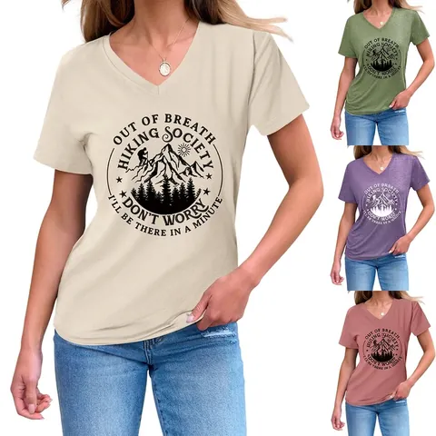 Maglietta Da Donna Con Scollo A V Maniche Corte Misto Cotone Stampa Grafica Escursionismo Casual Estiva Tee