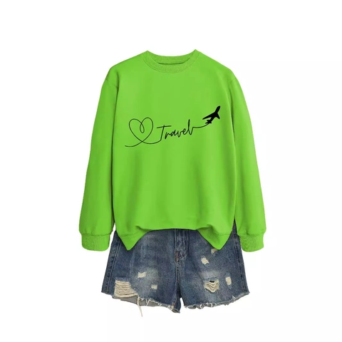 Women Casual Round Neck Long Sleeve Sweatshirt Travel Heart Plane Print Loose Cotton Blend Pullover Fashion Jumper Top