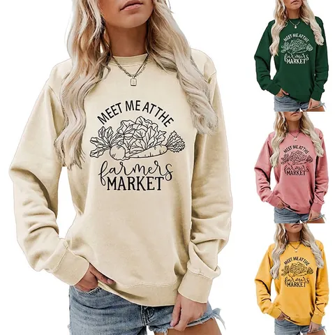 Sweatshirt Meet Me At The Farmers Market Femme Col Rond Manches Longues Coton Pull Décontracté Ample Graphique Top