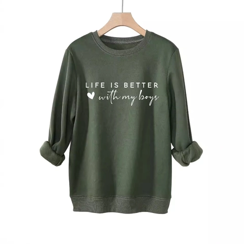 Damen Sweatshirt Buchstaben Print Rundhals Langarm Fleece Gefüttert Baumwollmischung Locker Lässig Life Is Better With My Boys