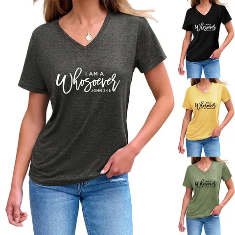 Women V Neck Short Sleeve T-Shirt Cotton Blend Casual Graphic Tee I AM A Whosoever JOHN 3:16 Religious Inspirational Print Top