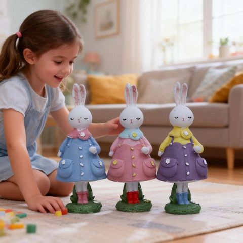 Easter Resin Bunny Figurine Cute Rabbit Ornament Floral Dress Desktop Decoration For Garden Home Living Room Festive Gift