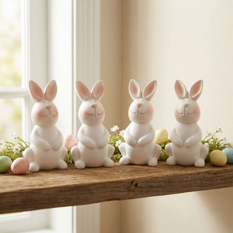 Easter Creative Cute White Plastic Rabbit Figurines For Home Desktop Decoration Bedside Table Easter Bunny Ornament Gift