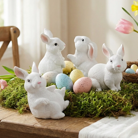 Collection de Statues de Lapin Blanc de Pâques Mignon en Résine pour Maison Jardin Bureau Paysage Décoration de Table de Pâques