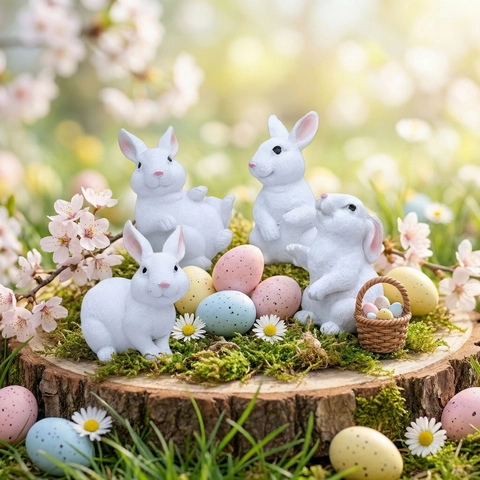 Collection de Statues de Lapin Blanc de Pâques Mignon en Résine pour Maison Jardin Bureau Paysage Décoration de Table de Pâques