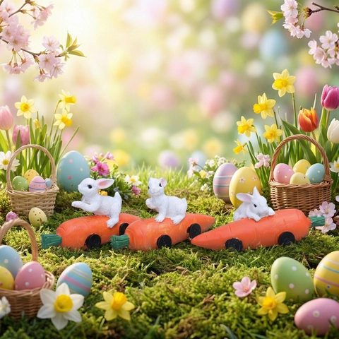 Ostern Hase Karotte Auto Harz Ornamente Kaninchen Fahren Karotte Statuen Für Garten Terrasse Haus Dekor Frühlingsfest Geschenke