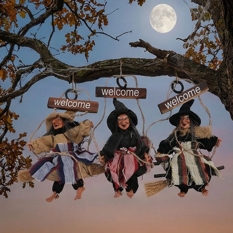 Decorazioni Appese a Forma di Strega per Halloween Con Cartello di Benvenuto in Legno Scope di Strega Spaventose per Casa Bar Festa Esterna
