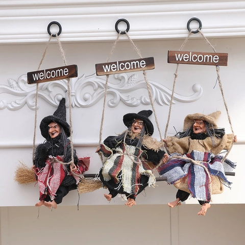 Decorazioni Appese a Forma di Strega per Halloween Con Cartello di Benvenuto in Legno Scope di Strega Spaventose per Casa Bar Festa Esterna