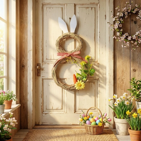 Ostern Strohgeflecht Hase Kranz Hängende Dekoration Mit Karierter Schleife Und Karotte Für Heim Tür Party Frühling Wanddeko