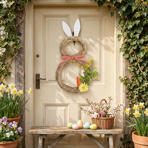 Ostern Strohgeflecht Hase Kranz Hängende Dekoration Mit Karierter Schleife Und Karotte Für Heim Tür Party Frühling Wanddeko