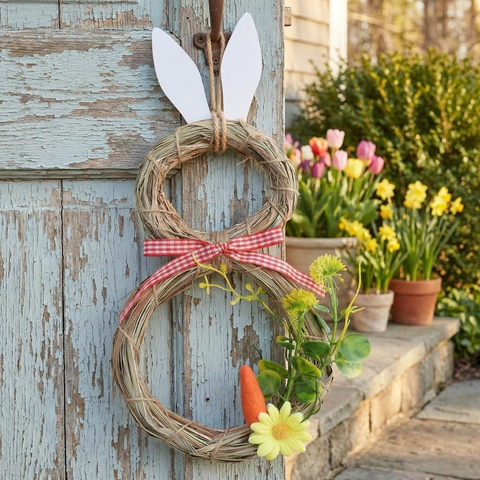Handmade Easter Bunny Straw Woven Hanging Ornament With Happy Easter Sign Rabbit Garland For Front Door Home Wall Decor