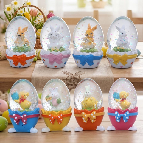 Easter Egg Snow Globe Bunny Chick Micro Landscape Desktop Ornament Glass Resin Polka Dot Bow Decorative Holiday Gift