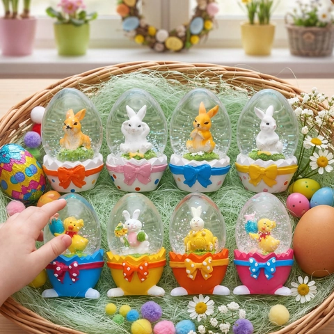 Easter Egg Snow Globe Bunny Chick Micro Landscape Desktop Ornament Glass Resin Polka Dot Bow Decorative Holiday Gift