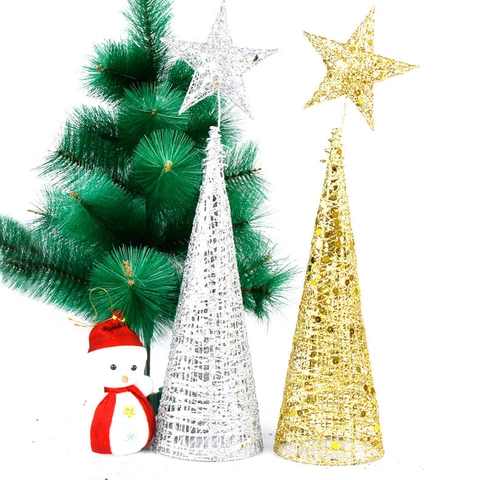 Conical Iron Christmas Tree Decoration Glitter Star Topper Hollow Festive Tabletop Desktop Ornament For Holiday Window Display
