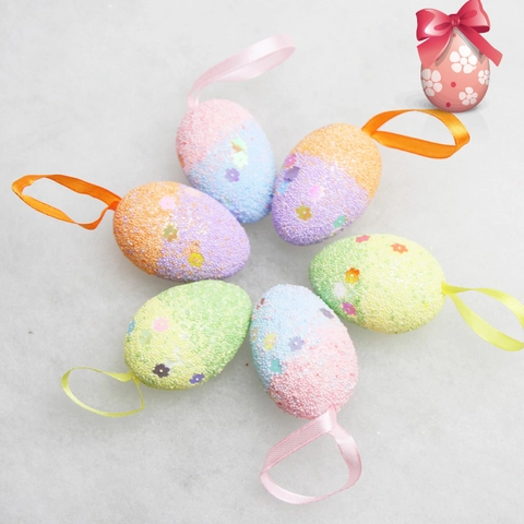 Huevos De Pascua Coloridos Adornos Colgantes De Espuma Con Lentejuelas Y Cinta Para Decoración De Fiesta En El Hogar Estilo Macaron