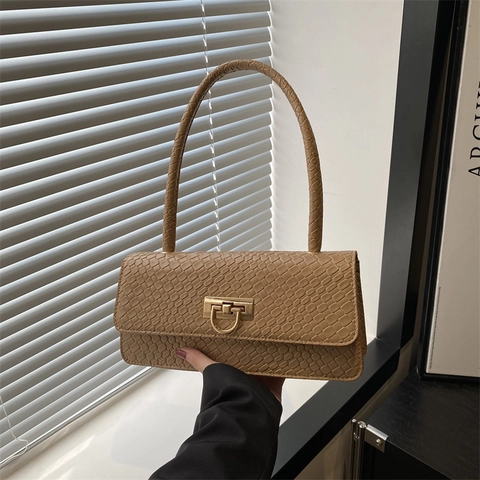 Französische Minimalistische Baguette Tasche Damen Retro Krokodilmuster Gewebte Unterarm Schultertasche Gold Schloss PU Leder