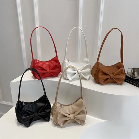 Bolso de Axila con Lazo de Moda para Mujer Bolso de Hombro de Cuero PU de Color Sólido Bolso Cuadrado Pequeño para Estilo Diario