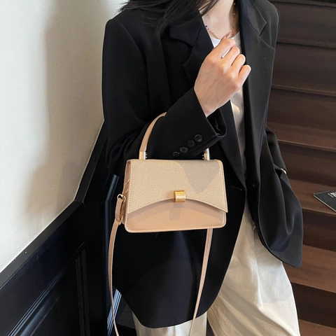 Women's Minimalist Patchwork PU Leather Shoulder Bag Casual Crossbody Handbag With Golden Lock Stylish Small Square Bag