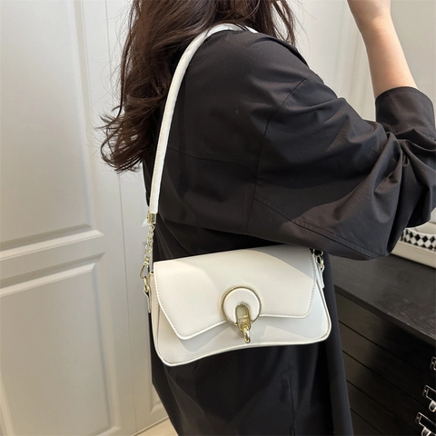 Women PU Leather Crossbody Bag Gold Ring Buckle Baguette Flap Shoulder Underarm Handbag Minimalist Retro Style Casual