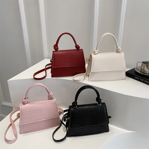 Damen Trendy Krokodilmuster PU Leder Kleine Quadratische Tasche Vintage Knotengriff Klappe Schulter Umhängetasche Retro Mode Handtasche