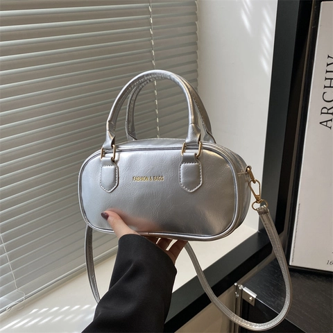 Women PU Leather Boston Bag Pillow Shape Top Handle Crossbody Handbag With Gold Hardware Fashion Letter Print Chic