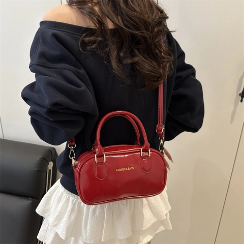 Women PU Leather Boston Bag Pillow Shape Top Handle Crossbody Handbag With Gold Hardware Fashion Letter Print Chic