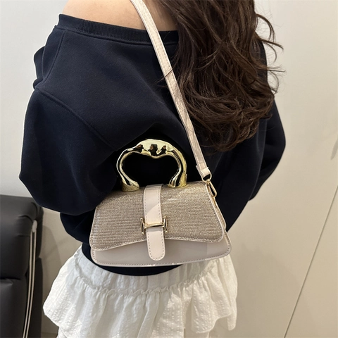 Damen PU Leder Glitzer Handtasche Elegante Crossbody Tasche Stilvoller Metallgriff H-Schnalle Schultertasche Für Frauen