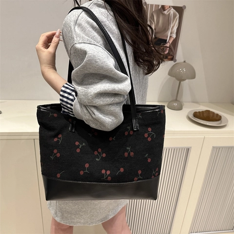 Damen Große Kapazität Kirschdruck Cordsamt Tragetasche Mit PU Leder Nähten Casual Daily Schultertasche Für Studenten
