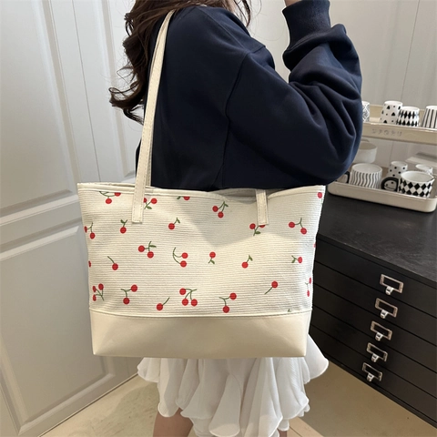 Damen Kirschdruck Cord Tote Bag Große Kapazität Kunstleder Patchwork Schultertasche Casual Ästhetische Unterarm Handtasche