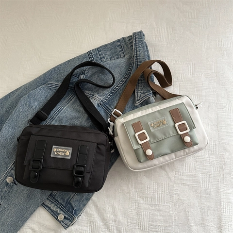 Petit Sac Carré en Tissu pour Femmes Style Japonais Couleur Contrastée Sac Bandoulière Avec Bandoulière Réglable